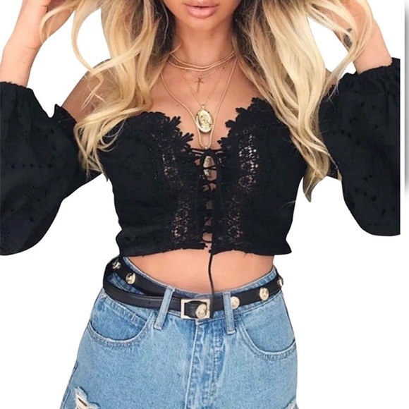Off Shoulder Lace Up Crop Top - Picture 3 of 6